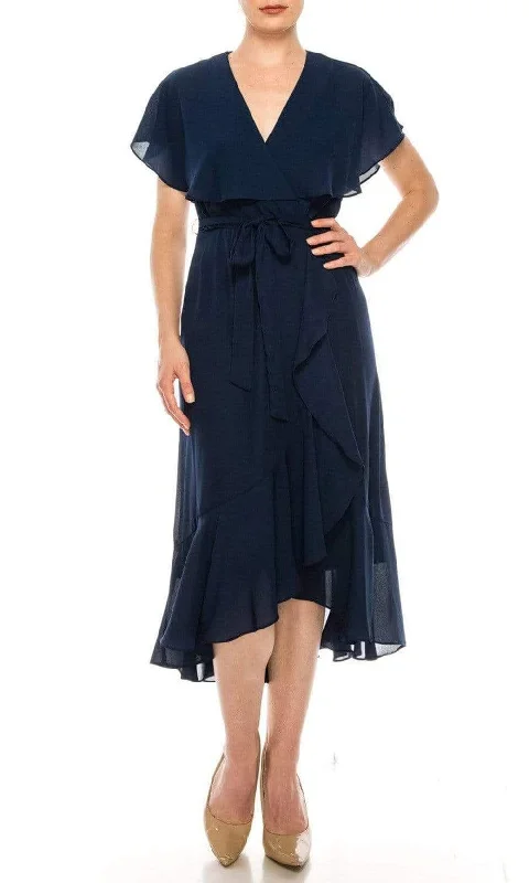 Cocktail dresses with off - the - shoulder designs and beaded accentsMaison Tara - 95071M Cape Sleeved Illusion Wrap Ruffle Dress