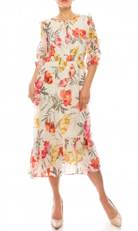 Cocktail dresses with a tassel - adorned belt and a sheath styleMaison Tara - 95084M Ruffle Trimmed Sleeve Tie Notch A-Line Dress