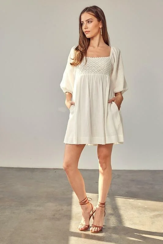 Ribbed - texture wedding guest dresses in neutral colorsMake It Special White Crochet Puff Sleeve Mini Dress Ribbed - texture wedding guest dresses in neutral colorsMake It Special White Crochet Puff Sleeve Mini Dress
