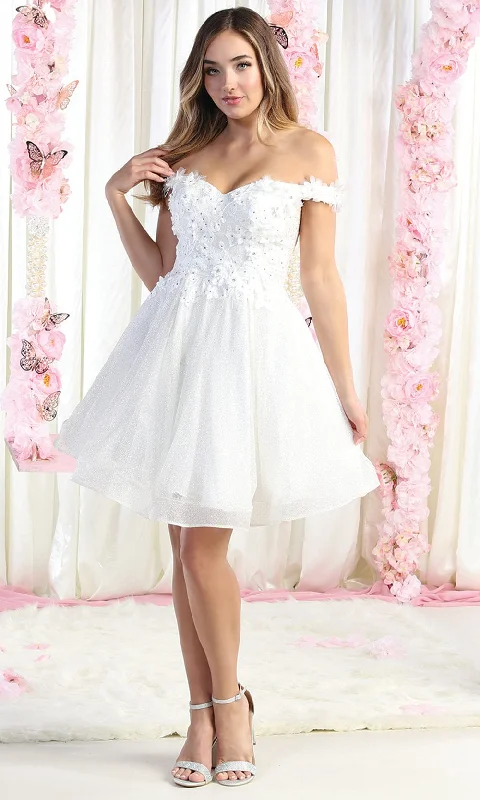 Lace - trimmed wedding guest dresses in blush pinkMay Queen MQ1854 - Applique Off Shoulder Cocktail Dress