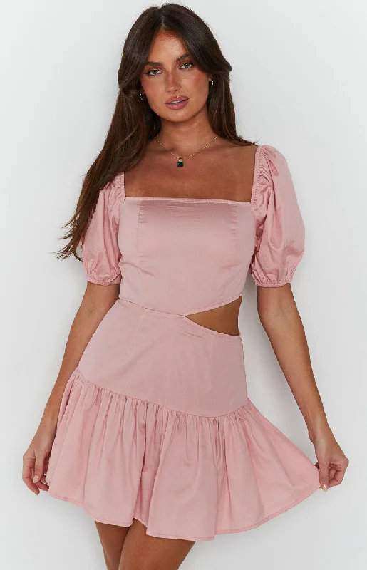 Mini cocktail dresses with a pleated bodice and a spaghetti - strap backMelea Pink Puff Sleeve Mini Dress Mini cocktail dresses with a pleated bodice and a spaghetti - strap backMelea Pink Puff Sleeve Mini Dress