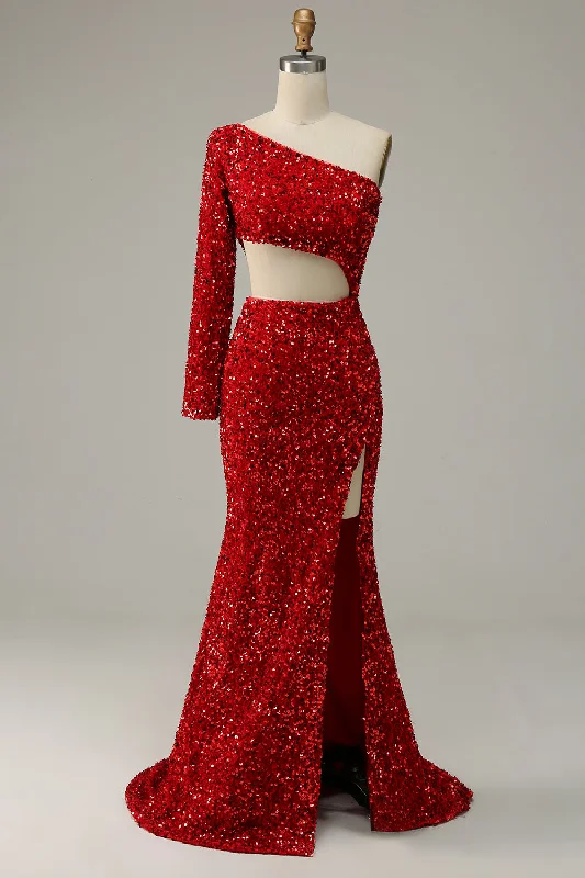 Cocktail dresses with a ruched bodice and spaghetti strapsMermaid One Shoulder Red Sequins Cut Out Prom Dress with Slit Front Cocktail dresses with a ruched bodice and spaghetti strapsMermaid One Shoulder Red Sequins Cut Out Prom Dress with Slit Front