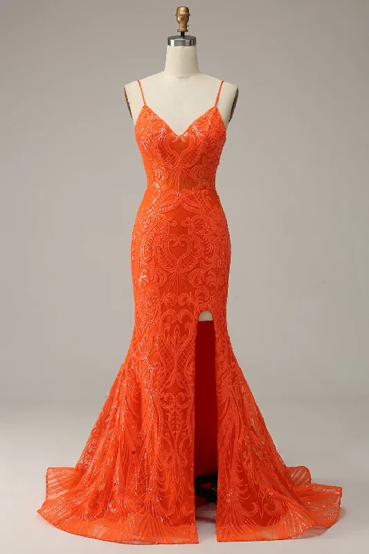 Cocktail dresses with a wrap - around style and a belted waistMermaid Spaghetti Straps Orange Long Prom Dress with Slit Front Cocktail dresses with a wrap - around style and a belted waistMermaid Spaghetti Straps Orange Long Prom Dress with Slit Front