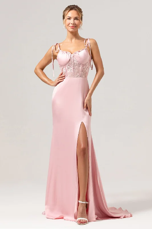 Satin wedding guest dresses with side slits for a sexy touchMermaid Spaghetti Straps Satin Pink Long Bridesmaid Dress with Slit Satin wedding guest dresses with side slits for a sexy touchMermaid Spaghetti Straps Satin Pink Long Bridesmaid Dress with Slit