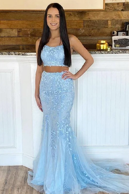 Short - length party dresses with a ruffled skirt for a flirty look​Mermaid Two Piece  Scoop Neck Light Blue Lace Prom Dresses PSK274