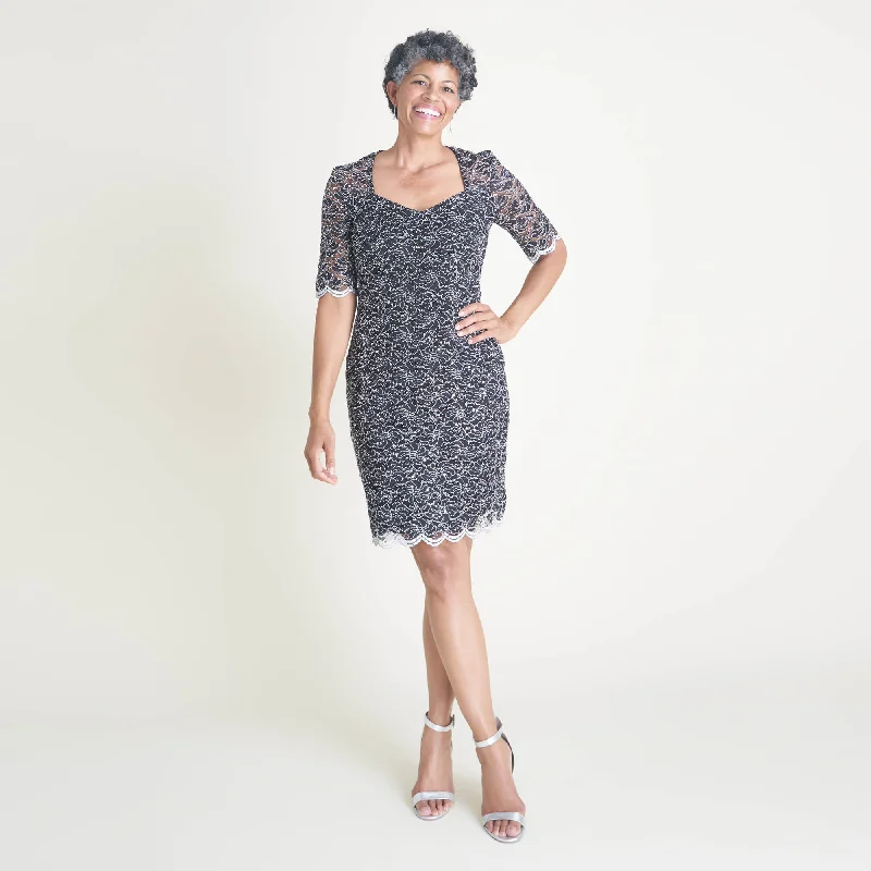 Sheath - style wedding guest dresses with lace overlaysMeryl Silver Sequin Lace Cocktail Dress Sheath - style wedding guest dresses with lace overlaysMeryl Silver Sequin Lace Cocktail Dress