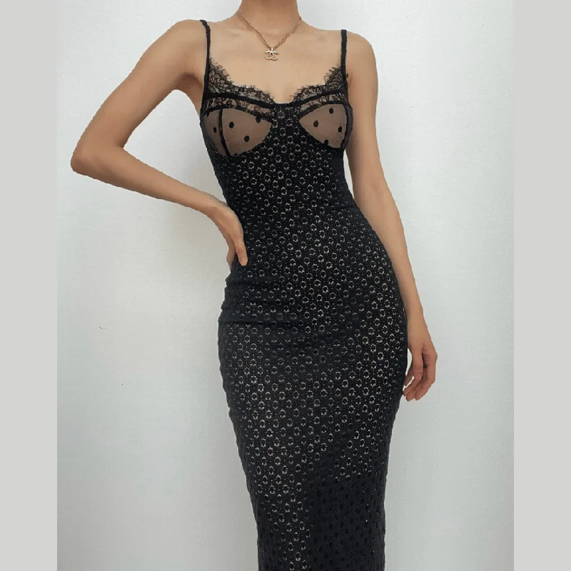 Short cocktail dresses in royal blue for a formal eventBerryBetty - Mesh lace hem zip-up slit solid backless cami midi dress