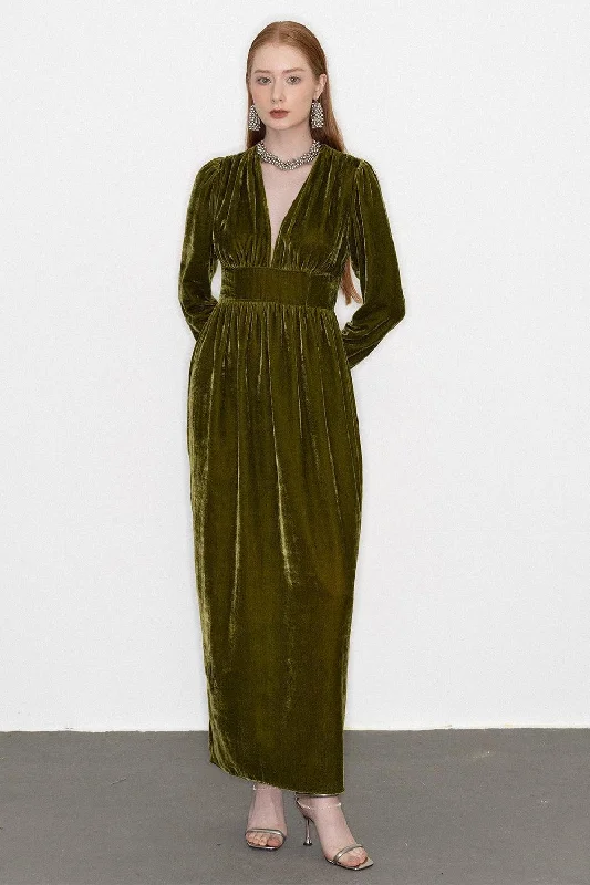 Party dresses with a geometric pattern for a contemporary look​Mia Gathered V-Neck Velvet Maxi Dress