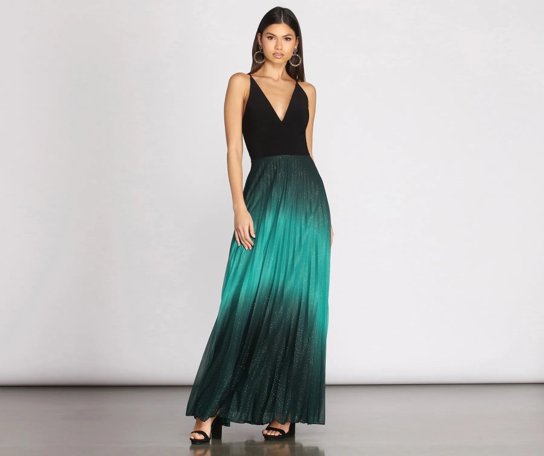 Wedding guest dresses with ruched bodices and spaghetti strapsMishka Pleated Ombre Formal Dress