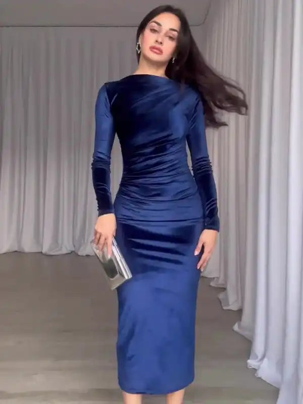 Satin cocktail dresses with a high - low hem for a modern touchNew Fashion Solid Color Slim Fit Pleated Round Neck Long Sleeve Dress Satin cocktail dresses with a high - low hem for a modern touchNew Fashion Solid Color Slim Fit Pleated Round Neck Long Sleeve Dress