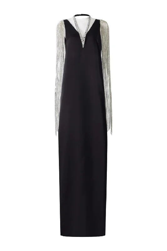 Gothic - style party dresses for a dark and mysterious look​Nomad Straight V-Neck Silk Floor Length Dress