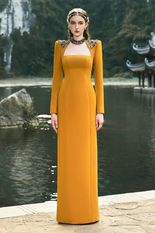 Party dresses with a leatherette material for a tough and stylish appearance​Odyssey Sheath Choker Neck Velvet Floor Length Dress