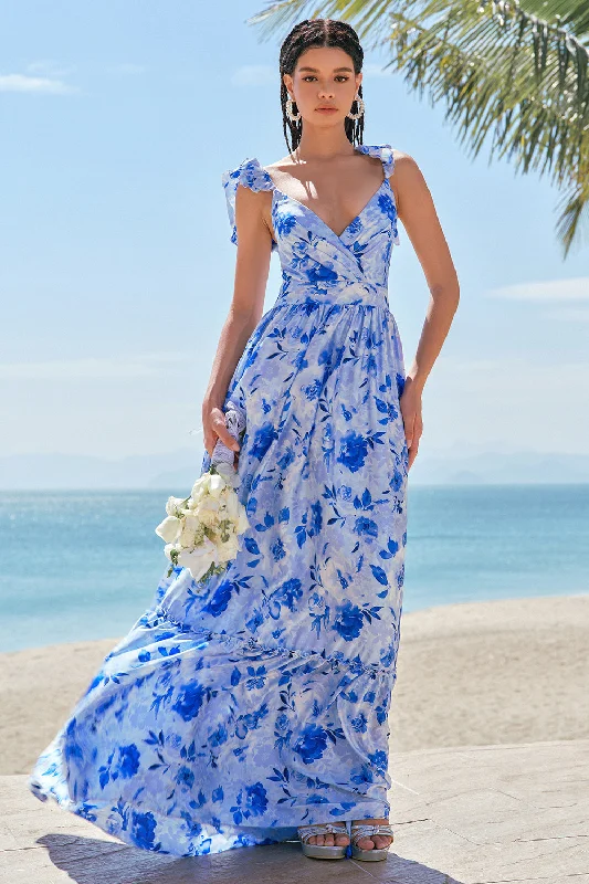 Wedding guest dresses with fringe accents for a bohemian - inspired weddingOff The Shoulder Blue Floral A Line Chiffon Bridesmaid Dress