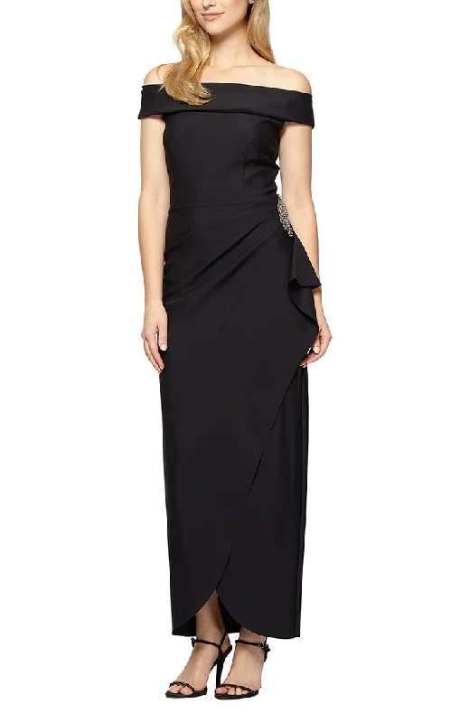 Asymmetric - hem wedding guest dresses in metallic huesOff-the-Shoulder Compression Dress with Cascade Ruffle Skirt & Embellishment Asymmetric - hem wedding guest dresses in metallic huesOff-the-Shoulder Compression Dress with Cascade Ruffle Skirt & Embellishment