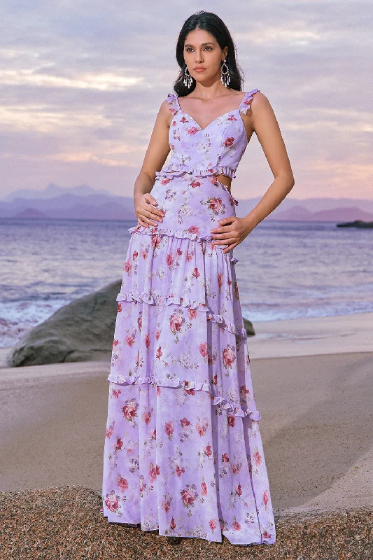 Ruffled - sleeve wedding guest dresses in light blue for a spring weddingOff the Shoulder Purple Floral A-Line Chiffon Bridesmaid Dress