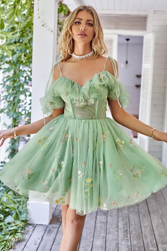 Midi - length party dresses for a modest and fashionable choice​Off the Shoulder Ruffles Tulle Short Prom Dress with Embroidery