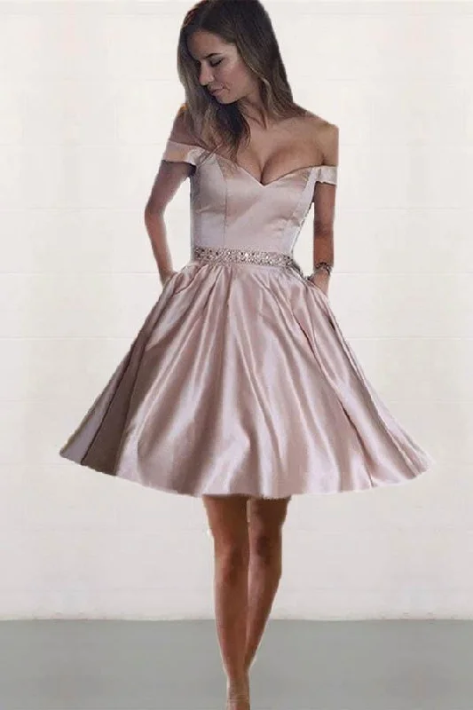 Party dresses with a peplum waist for a feminine and flattering silhouette​Off the Shoulder Satin Beaded Homecoming Dresses with Pocket PD167