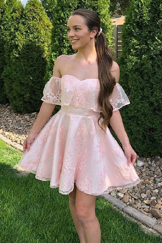 Party dresses with a jacquard pattern for a rich and detailed lookOff the Shoulder Short Pink Lace Prom Dresses Homecoming Dresses PD452 Party dresses with a jacquard pattern for a rich and detailed lookOff the Shoulder Short Pink Lace Prom Dresses Homecoming Dresses PD452