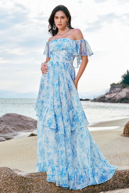 Metallic wedding guest dresses for a glamorous weddingOff The Shoulder White Blue Floral Boho Bridesmaid Dress with Ruffles