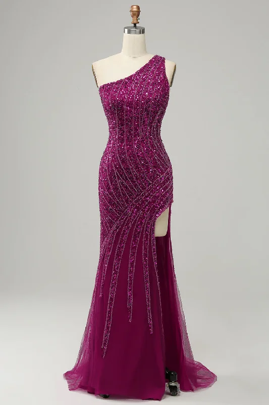 Cocktail dresses with an abstract print and a high - low hemlineOne Shoulder Sequin Prom Dress with Slit