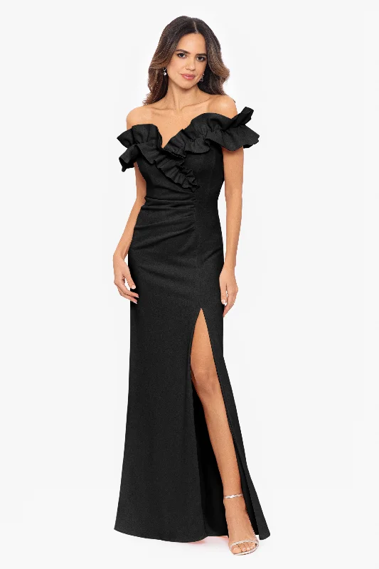 Cocktail dresses with a one - piece design and a statement bow"Pandora" Long Scuba Crepe Ruffle Top Dress