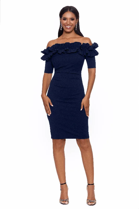 Cocktail dresses with a tiered skirt and a bow at the waistPetite "Brynleigh" Short Scuba Crepe Ruffle Top Dress Cocktail dresses with a tiered skirt and a bow at the waistPetite "Brynleigh" Short Scuba Crepe Ruffle Top Dress