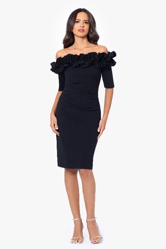Sleeveless cocktail dresses in a silk - blend fabric for a luxurious feelPetite "Brynleigh" Short Scuba Crepe Ruffle Top Dress