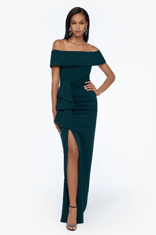 Mini cocktail dresses with a tiered ruffled skirt and a scoop neckPetite "Camila" Long Off the Shoulder Scuba Crepe Dress