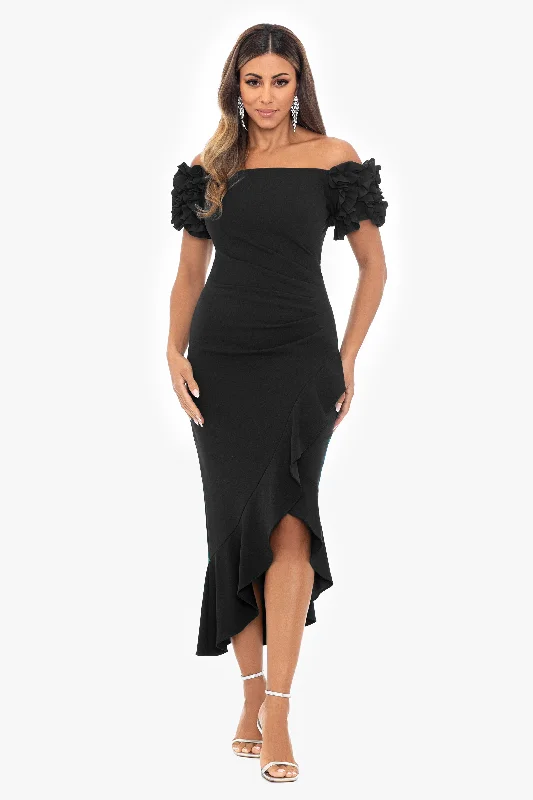 Mini cocktail dresses with a cold - shoulder ruffled sleevePetite "Loretta" Scuba Crepe Off the Shoulder Ruffle Sleeve Midi Dress