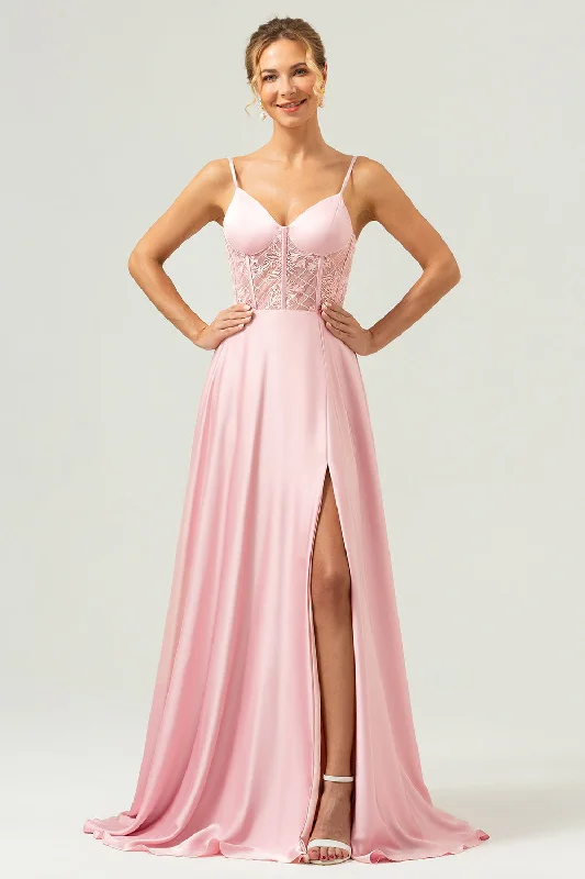 Cotton wedding guest dresses with smocked details for a casual weddingPink A-Line Spaghetti Straps Satin Corset Long Bridesmaid Dress with Slit Cotton wedding guest dresses with smocked details for a casual weddingPink A-Line Spaghetti Straps Satin Corset Long Bridesmaid Dress with Slit