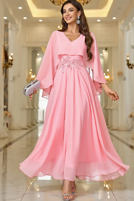 One - shoulder cocktail dresses in emerald green for a bold statementElegant Pink A Line V Neck Shawl Sleeve Long Formal Dress