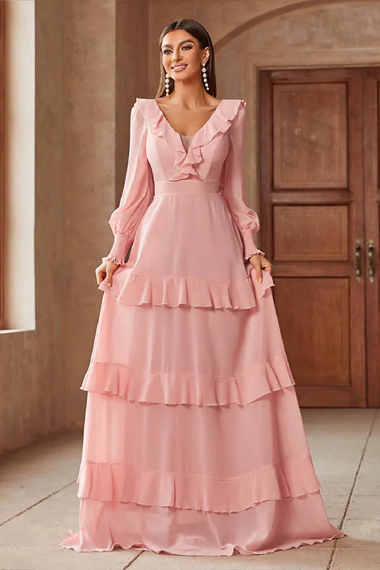 Animal - print wedding guest dresses in subtle colors for a bold statementPink Chiffon V-neck Long Sleeves A-Line Tiered Long Prom Dress Animal - print wedding guest dresses in subtle colors for a bold statementPink Chiffon V-neck Long Sleeves A-Line Tiered Long Prom Dress