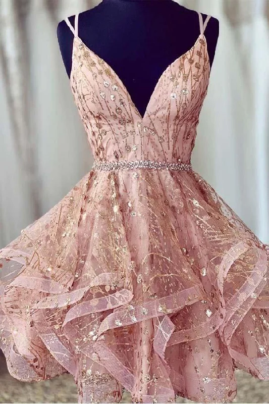 Beach party dresses made of lightweight and breathable fabricPink Deep V-Neck Homecoming Dress Sequined Short Prom Dress PD426 Beach party dresses made of lightweight and breathable fabricPink Deep V-Neck Homecoming Dress Sequined Short Prom Dress PD426