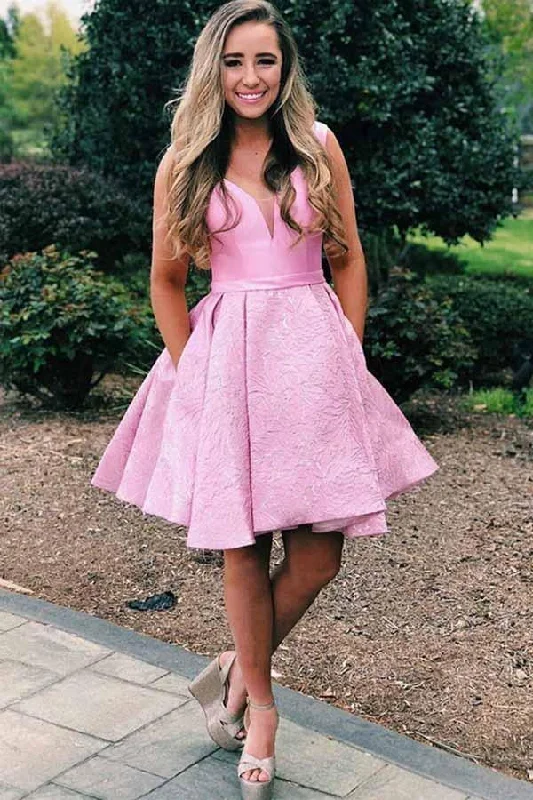 Sheath party dresses in a bold color for a statement - making outfitPink V-Neck Pleated Satin Short Homecoming Dress With Pockets PD278 Sheath party dresses in a bold color for a statement - making outfitPink V-Neck Pleated Satin Short Homecoming Dress With Pockets PD278