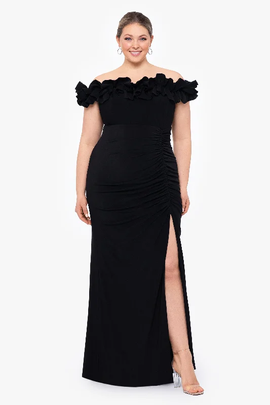 Cocktail dresses with a pom - pom trim and a short - sleeved stylePlus "Ruthie" Long Jersey Knit Off the Shoulder Ruffle Top Dress