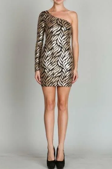 Polka - dot - printed wedding guest dresses with short sleevesPoison Ivy Gold Sequin One Shoulder Dress Polka - dot - printed wedding guest dresses with short sleevesPoison Ivy Gold Sequin One Shoulder Dress