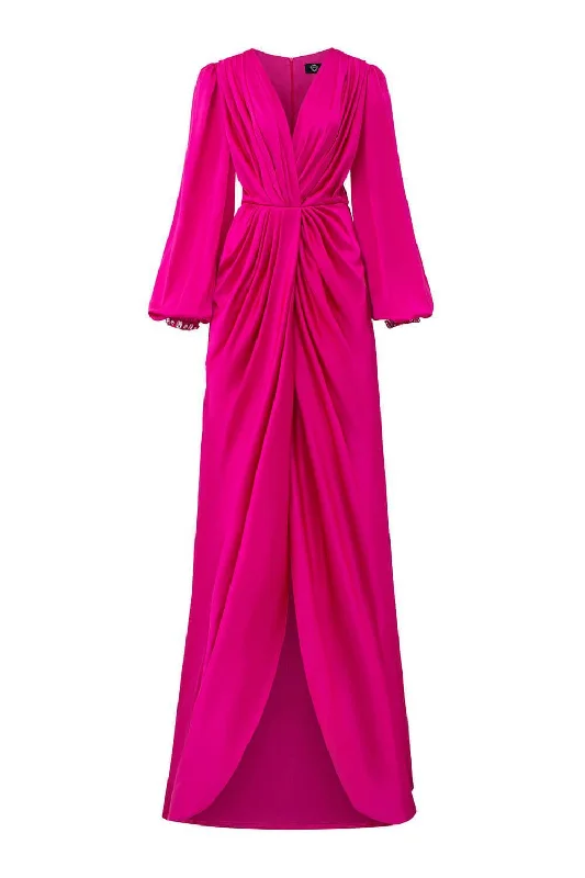 Party dresses with a polka - dot pattern for a classic and playful stylePrelude Slit Bishop Sleeved Satin Floor Length Dress Party dresses with a polka - dot pattern for a classic and playful stylePrelude Slit Bishop Sleeved Satin Floor Length Dress