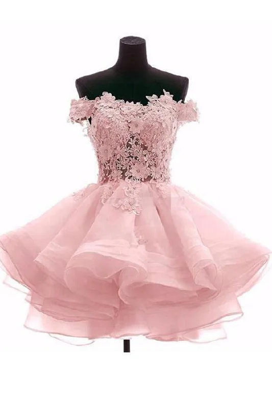 Evening party dresses with a long train for a dramatic entrancePretty Off Shoulder Pink Organza Short Homecoming Dresses PD216 Evening party dresses with a long train for a dramatic entrancePretty Off Shoulder Pink Organza Short Homecoming Dresses PD216