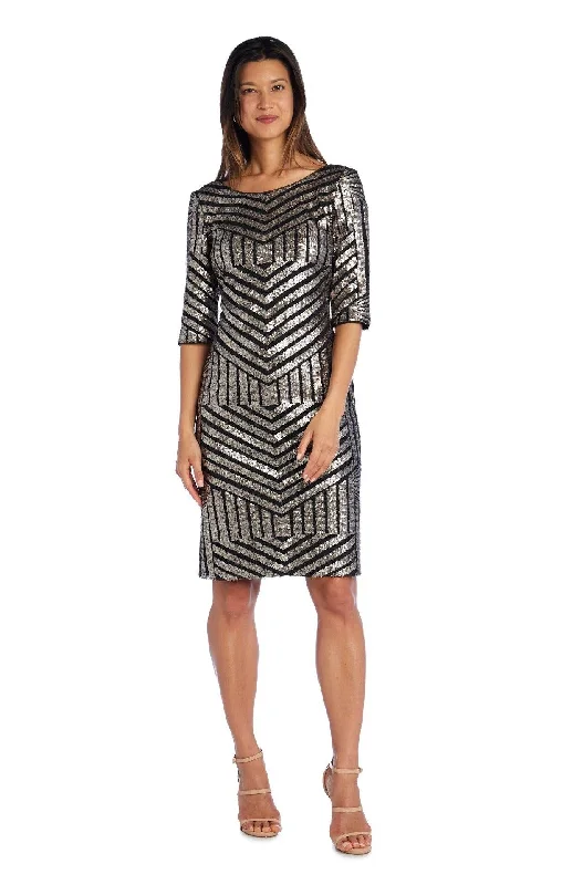 Bodycon dress with a ruched design for added texture​R&M Richards 3901 Short Cocktail Sequins Dress With Sleeves