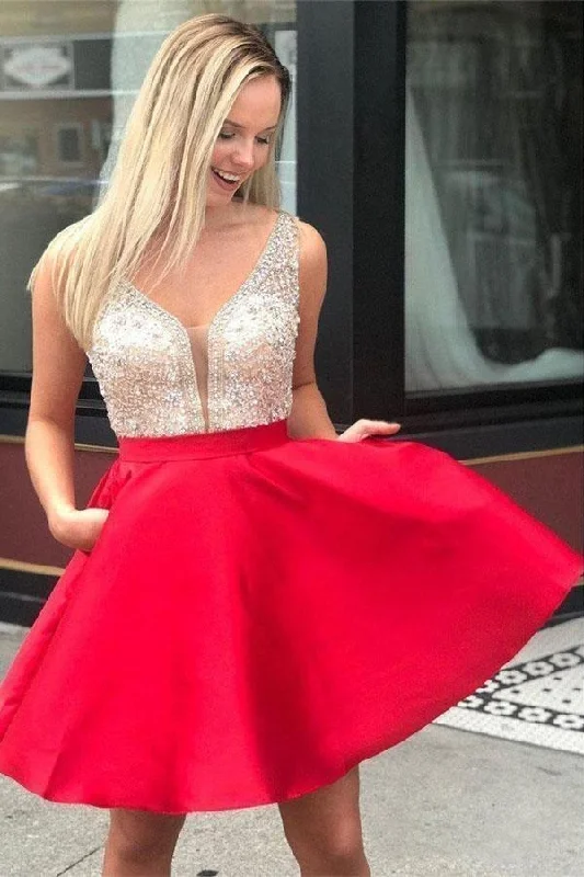 Tea - length party dresses for a sophisticated and versatile optionRed Beaded Satin Homecoming Dresses with Pocket Short Prom Dresses PD290 Tea - length party dresses for a sophisticated and versatile optionRed Beaded Satin Homecoming Dresses with Pocket Short Prom Dresses PD290