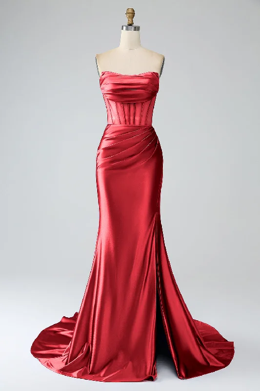 Cocktail dresses with a wrap - around style and a belted waistRed Mermaid Strapless Pleated Corset Long Prom Dress with Slit