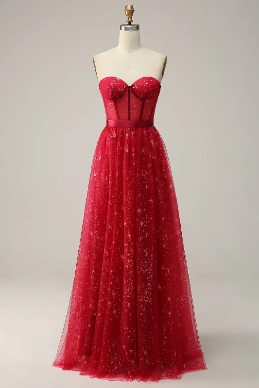 Cocktail dresses with a keyhole back and a midi - lengthRed Strapless Tulle Corset Prom Dress Cocktail dresses with a keyhole back and a midi - lengthRed Strapless Tulle Corset Prom Dress