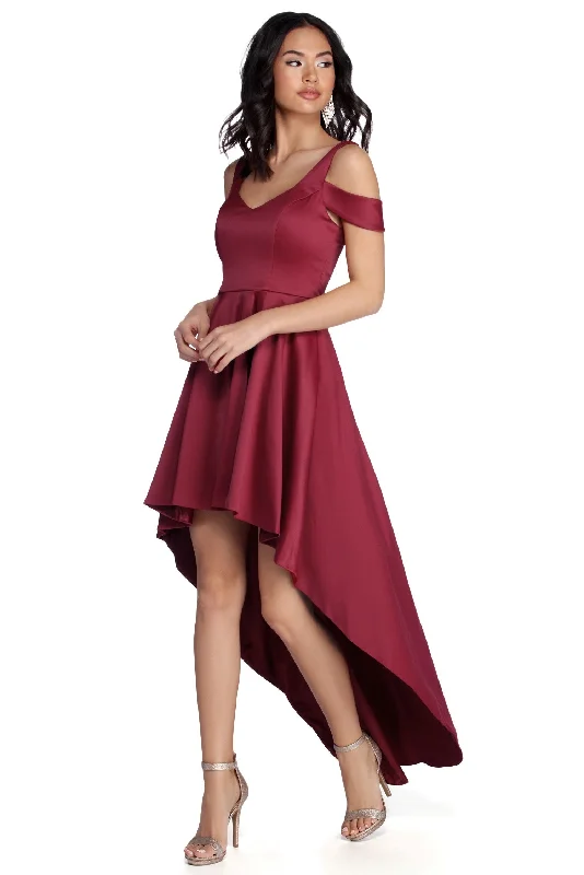 Ruffled - sleeve wedding guest dresses in light blue for a spring weddingRoselyn Satin Sweetheart High-Low Dress
