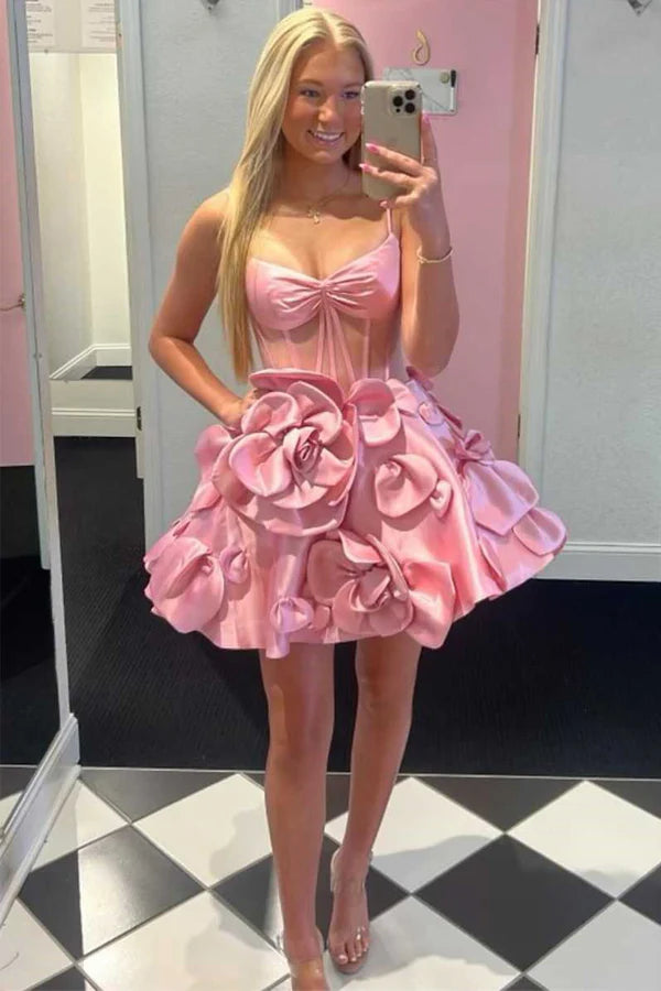 Prom party dresses with a glamorous and elegant aesthetic​Rosette Straps Pink Corset Homecoming Dress Short Prom Dress PD515