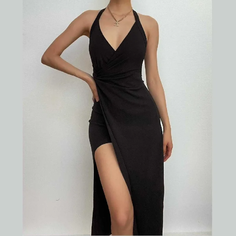 Cocktail dresses with off - the - shoulder designs and beaded accentsBerryBetty - Ruched v neck knotted halter solid slit backless midi dress