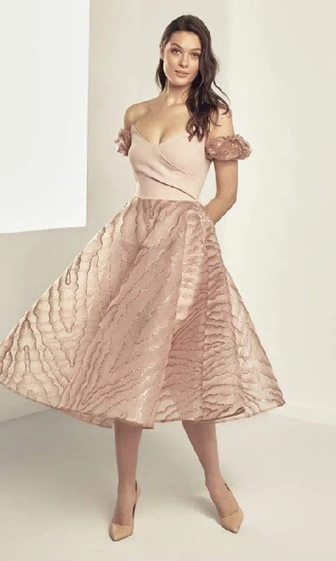 Lace - trimmed cocktail dresses in a pastel color for a soft appearanceSaboroma - Off Shoulder Cocktail Dress RSB9605