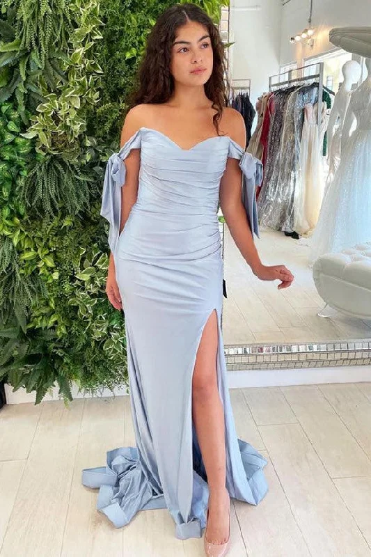 Party dresses with a tiered skirt for a fun and voluminous style​Satin Off-the shoulder Sheath Prom Dresses Long Evening Gowns PSK272
