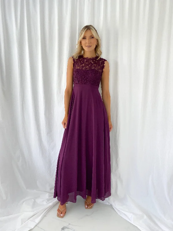 Wedding guest dresses with high - low hems and floral appliquesSavina Maxi Dress with Embroidered Top - Aubergine