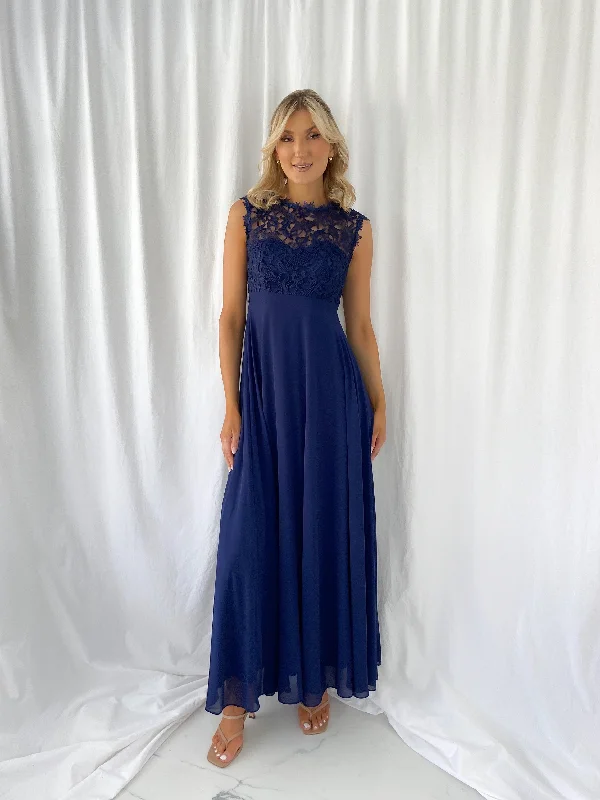 Embroidered wedding guest dresses in earthy tones for a rustic weddingSavina Maxi Dress with Embroidered Top - Marine