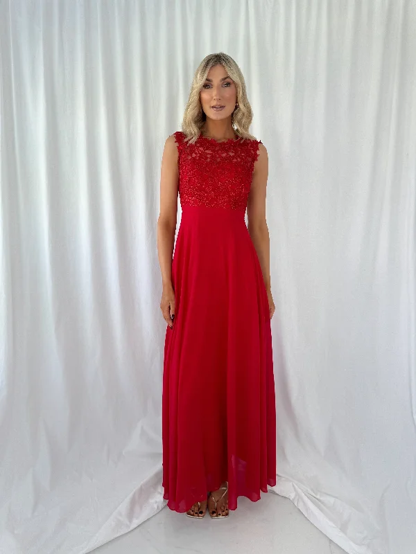 Wedding guest dresses with high - low hems and floral appliquesSavina Maxi Dress with Embroidered Top - Red
